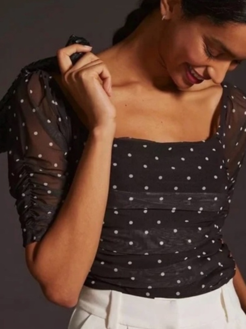 Anthropologie Black Polka Dot Ruched Puff Sleeve Top XXS Square-Neck Mesh Blouse